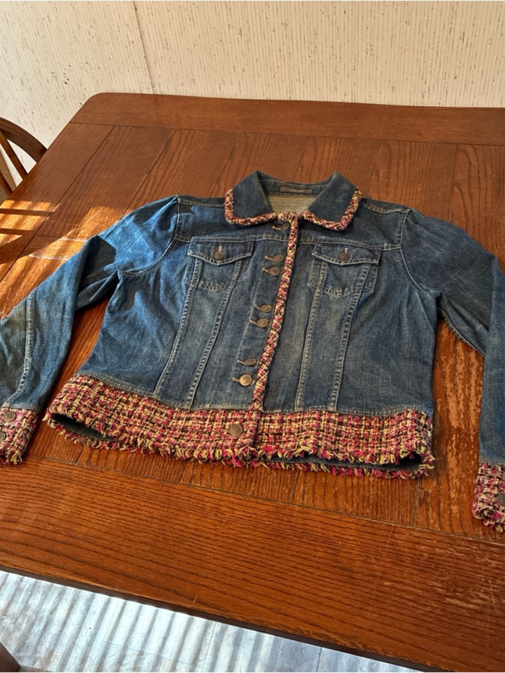 Liz Claiborne Jean Jacket Women’s L Bohemian Denim Pink Woven Tweed Trim Y2K
